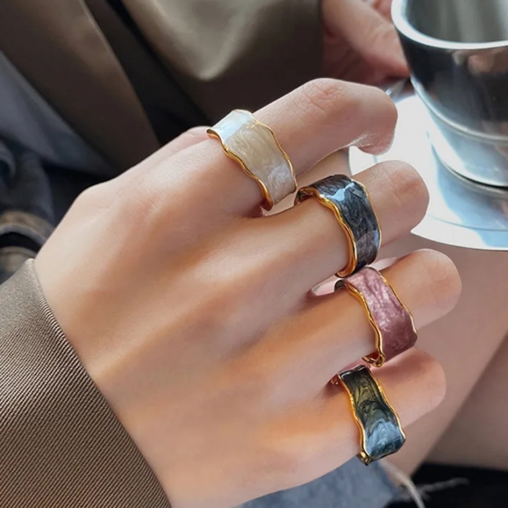 White Enamel Gold Boho Ring Resizable Ring